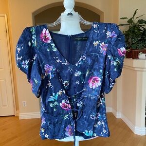 House of Harlow 1960 Blue and Pink Puff Sleeve Blouse